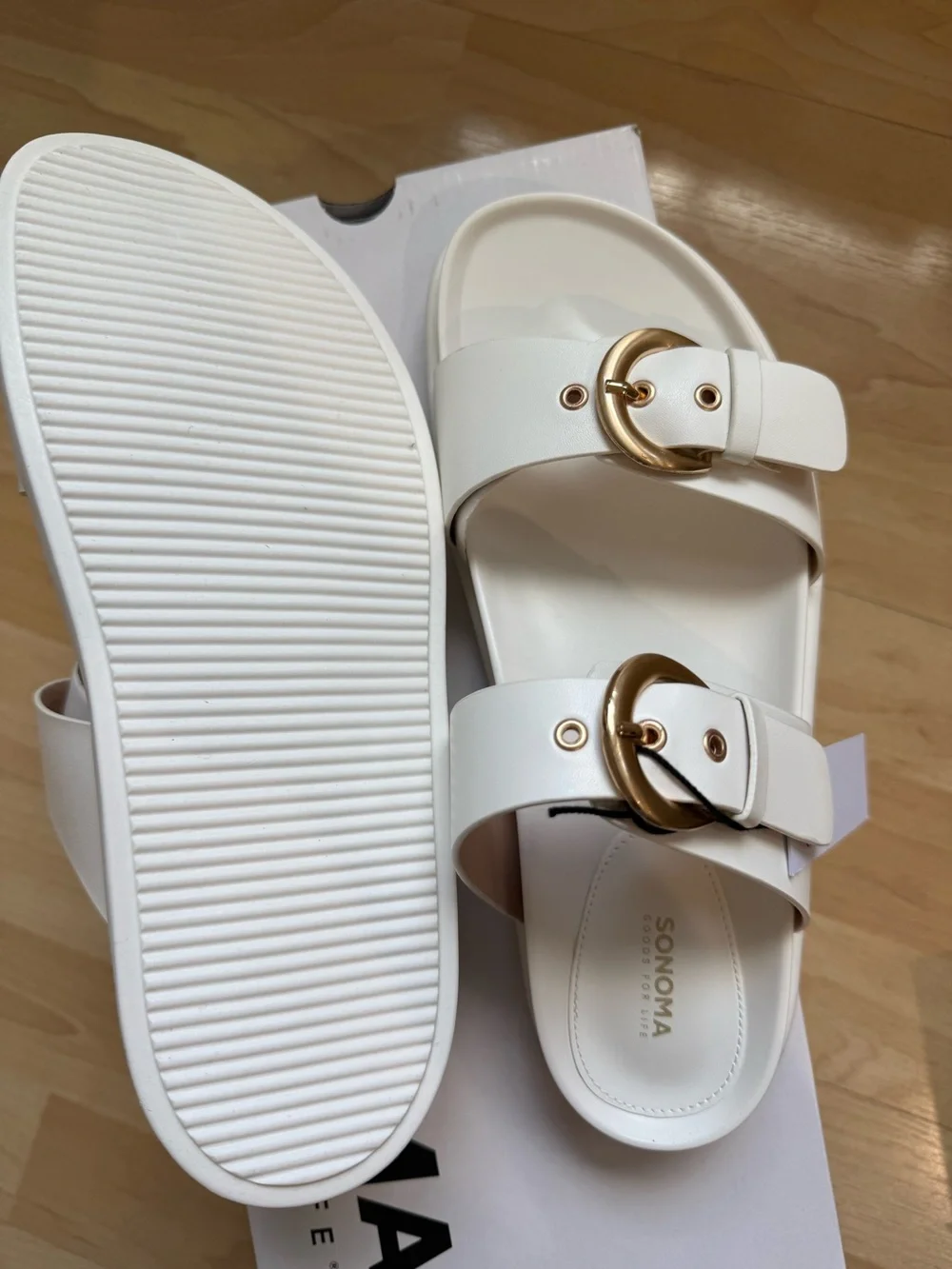 Sonoma White Sandals with Gold Buckles